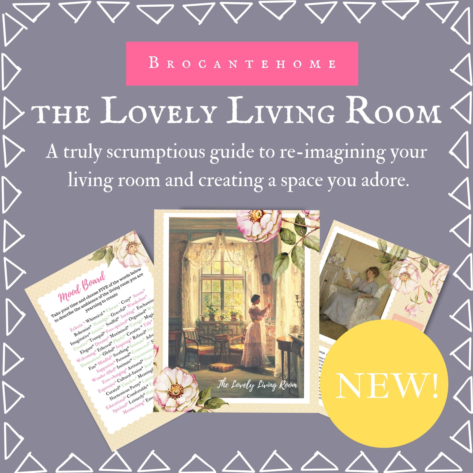Promotional graphic for 'The Lovely Living Room' book by BrocanteHome with a purple background and decorative elements.